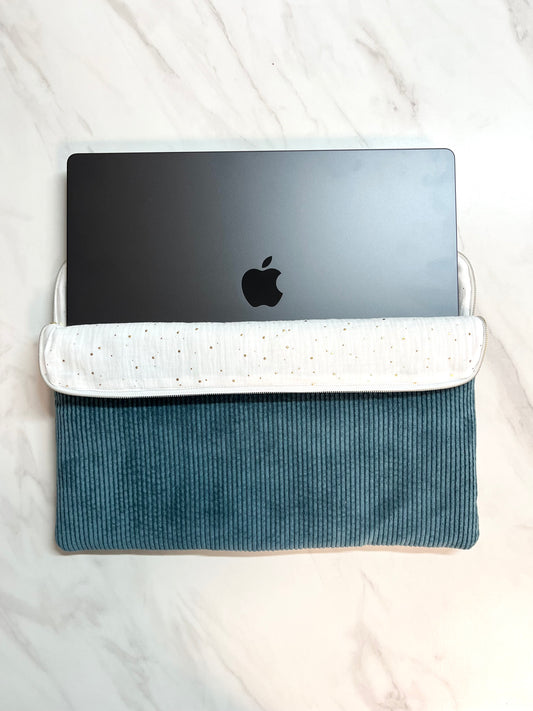 Housse Ordinateur Velours Côtelé Bleu Canard