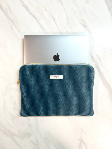 Housse Ordinateur Velours Côtelé Bleu Canard