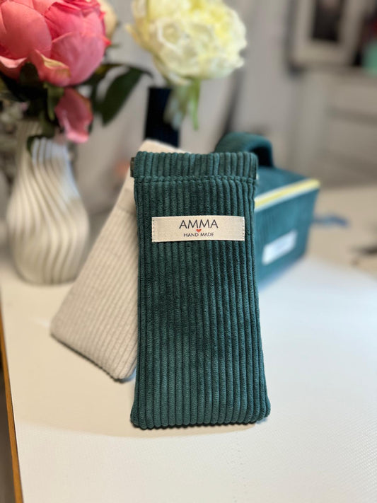 Green corduroy glasses case