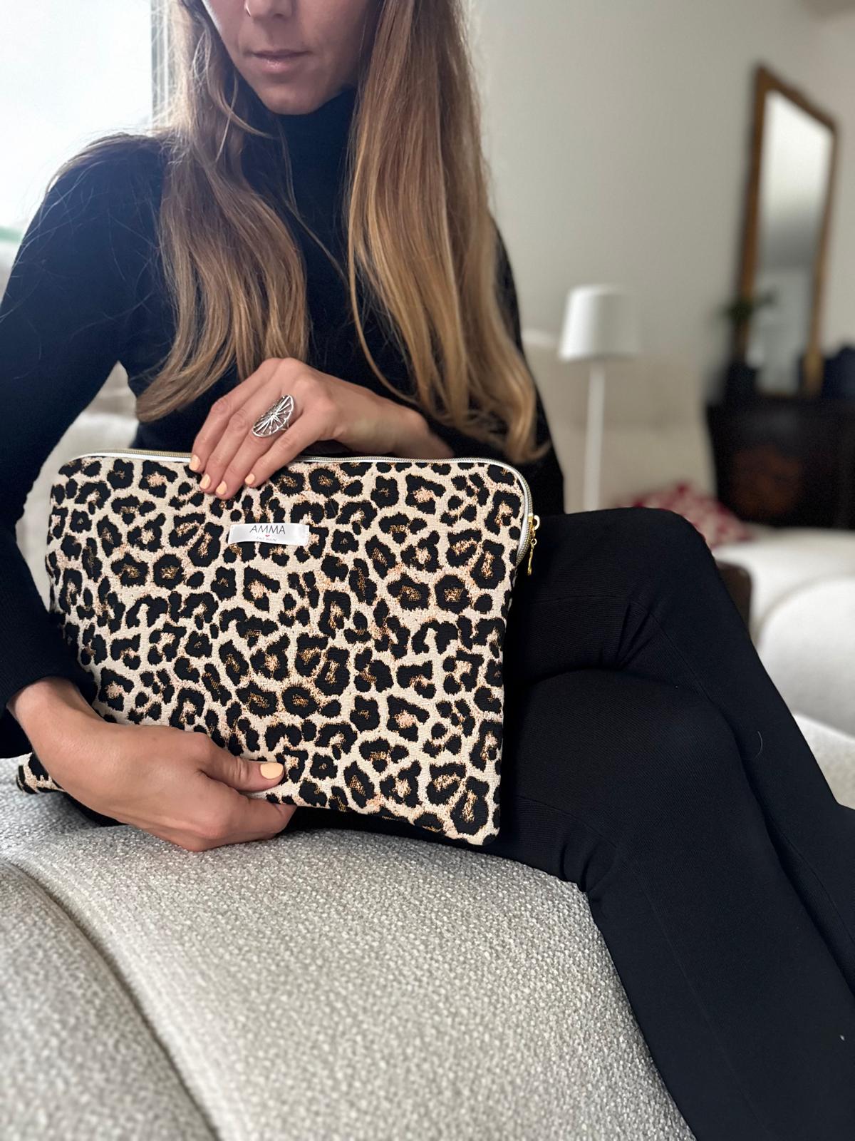 Housse ordinateur tissu jacquard - Léopard