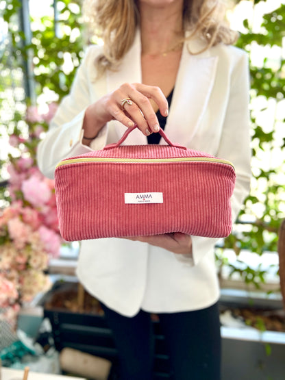 Trousse de toilette Trésor XXL en velours côtelé Rose Framboise