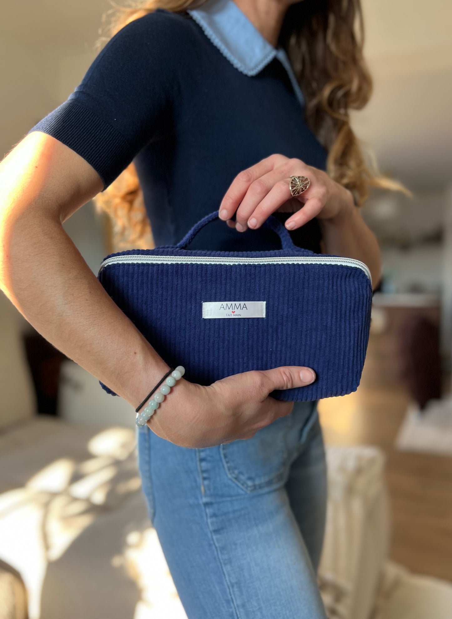 Trousse de toilette Trésor velours côtelé bleu marine