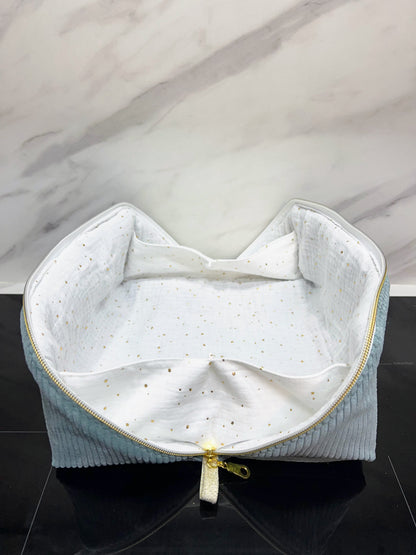 Trousse de toilette Trésor velours côtelé bleu ciel