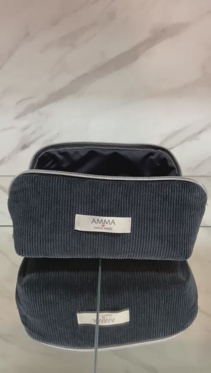 Trousse de toilette Trésor velours côtelé noir - Ouverture à plat